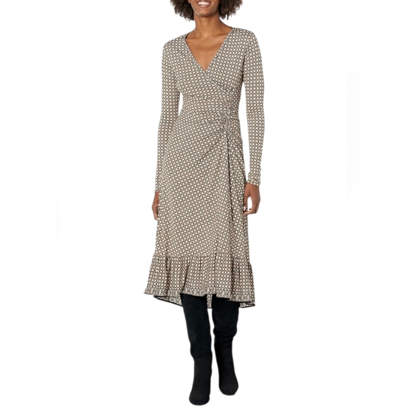 Max Studio Dresses & Skirts - Max Studio Black Beige Graphic Floral Faux Wrap Tiered Long Sleeve Dress size L